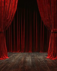 Red Curtain and Wooden Floor on Stage
