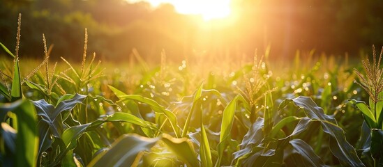 Sunlight illuminating the field of corn in the morning. - obrazy, fototapety, plakaty