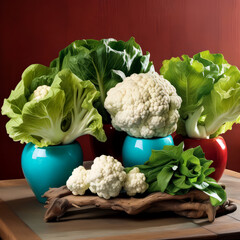 Turquoise ceramic pots bursting with snow-white cauliflowers stand nestled on a driftwood table, embraced by jade-green romaine lettuce, habanero peppers like crimson suns, and jewel-toned mango slice