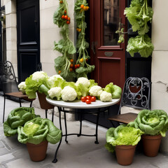 Cauliflowers flourishing set against the warmth of an elegant table, accompanied by lettuce