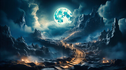 Fantasy night sky with a full moon and mysterious elements. Surreal and dreamlike illustration with a touch of science fiction. - obrazy, fototapety, plakaty