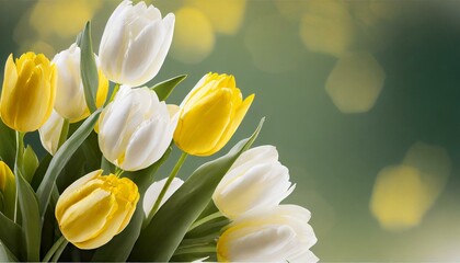 Obraz premium a postcard with a touch of floral elegance, featuring a cluster of white and yellow tulips in the upper left corner. Provide an open area for personalized congratulatory text, making it a thoughtful a