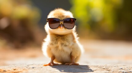 cool baby chick wearing sunglasses outside at the farm