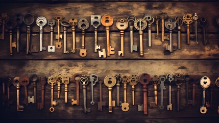 Encryption and Security concept image. Old and vintage keys, arranged randomly, many from 1800s, on an old grungy wooden desk.

