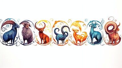 Set of zodiac signs with colorful mystical animals on white background. Zodiac horoscope. - obrazy, fototapety, plakaty