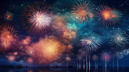 Happy New Year, burning fireworks with bokeh light background