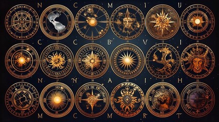 Zodiac signs and symbols in vintage style. A collection of golden zodiac horoscopes - obrazy, fototapety, plakaty