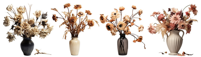 Set of vases with wilted flowers, cut out - obrazy, fototapety, plakaty