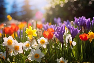 Colorful daffodils and purple crocuses blooming in a flower bed on a sunny spring day