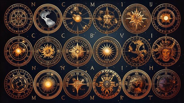 Zodiac signs and symbols in vintage style. A collection of golden zodiac horoscopes