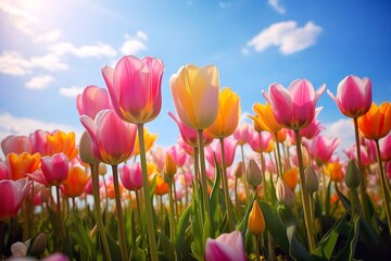 Colorful tulips flowers blooming in the field on a sunny day, spring background. Field of tulips and sky