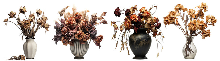 Set of vases with wilted flowers, cut out - obrazy, fototapety, plakaty