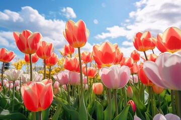 Colorful tulips blooming in a field on a sunny spring day. Spring landscape. Tulips in the garden