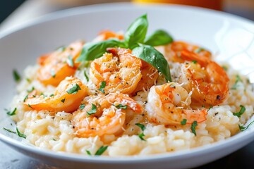 risotto with prawns on a white plate