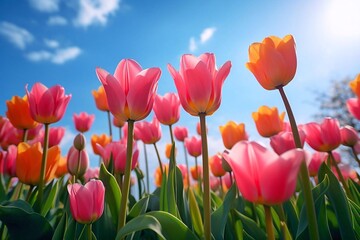 Colorful tulip flowers blooming in the springtime garden.