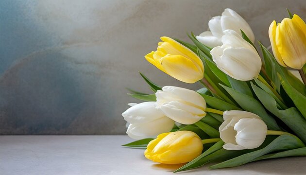 a delightful postcard design showcasing a charming bouquet of white and yellow tulips positioned in the upper left corner. Ensure there's an unoccupied area for adding customized congratulatory text, 