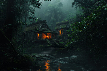 Fototapeta na wymiar hidden temple in the amazon forest,dark weather,dim lights
