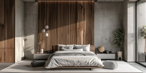 Obraz na płótnie Canvas Minimalist Bedroom Interior with Concrete and Wooden Paneling