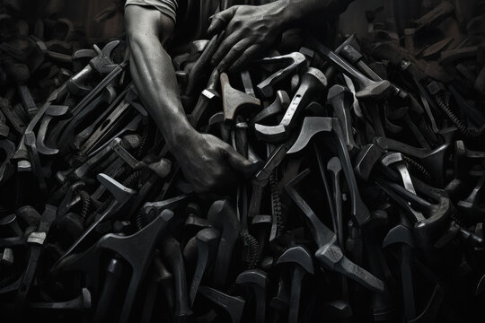 Black and white photograph of hand reaching for worker tools