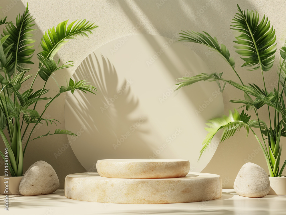 Poster 3d empty product display podium for presentations. stone podiums set in a tranquil zen-like space wi