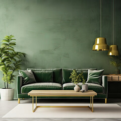 Luxury living room in house with modern interior design, green velvet sofa, coffee table, pouf, gold decoration, plant, lamp, carpet, mock up poster frame and elegant accessories. Template. - obrazy, fototapety, plakaty