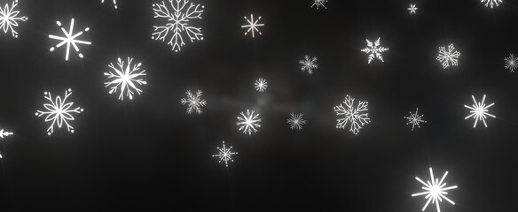Snowflakes and bokeh lights on the blue Merry Christmas background. 3D render