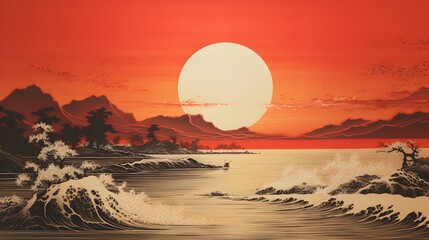 sun or moon horizon drawing, japanese style. - obrazy, fototapety, plakaty
