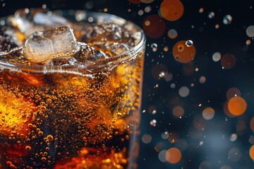 close up of a fizzy drink in a glass with ice and bubbles and bokeh on dark background