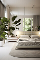 Luxury bedroom with minimalist and nature concept in a beautiful environment, with decorative plants next to the bed. Created with Generative AI.
