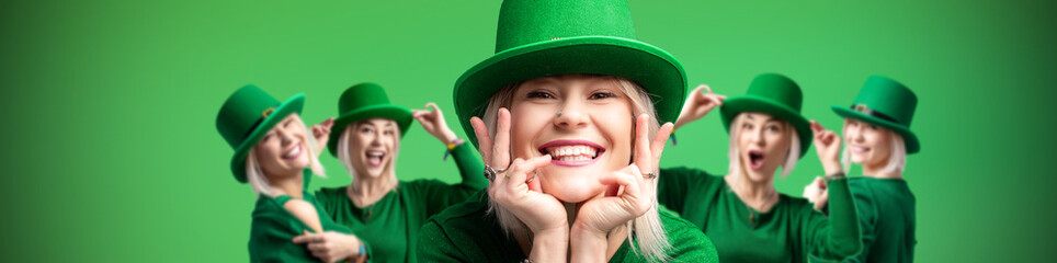 St. Patrick's Day. Сheerful girl, adorned in a leprechaun hat and green sweater, celebrates St....