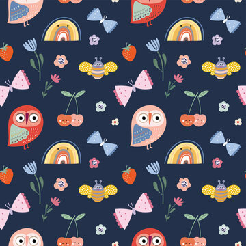 Spring time seamless pattern with owls and cute childish elements, decorative wallpaper, vector design