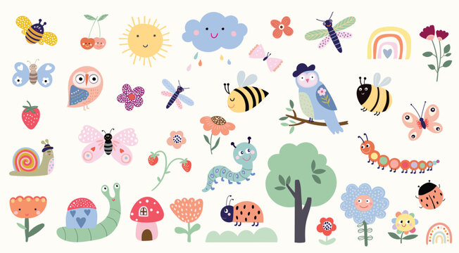 Spring time elements collection, funny animals, insects and flowers, childish seasonal design