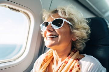Happy old lady goes on summer vacation by plane sitting next to window looking down on landscape