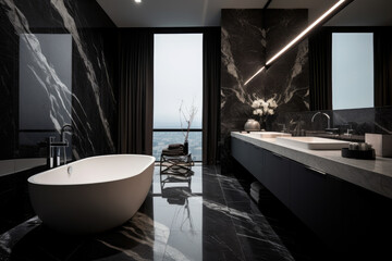 Black color marble patterned wall minimal design modern bathroom interior