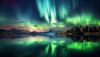 View of night sky with multicolored aurora borealis and snowy mountains peak background. Night glows in vibrant aurora reflection on the lake with forest.  - obrazy, fototapety, plakaty