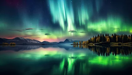 Cercles muraux Aurores boréales View of night sky with multicolored aurora borealis and snowy mountains peak background. Night glows in vibrant aurora reflection on the lake with forest. 