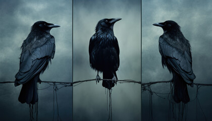 Black crow horror concept surreal triptych composition background