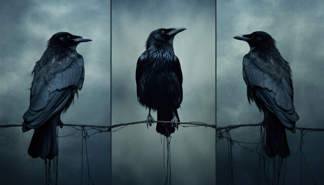 Black crow horror concept surreal triptych composition background