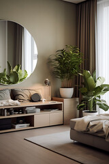 Luxury bedroom with minimalist and natural concept. A table with a plant and a large mirror above it. Created with Generative AI.