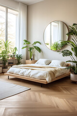 Luxury bedroom with a minimalist and natural concept, with a round mirror above the bed and plants on the side. Created with Generative AI.