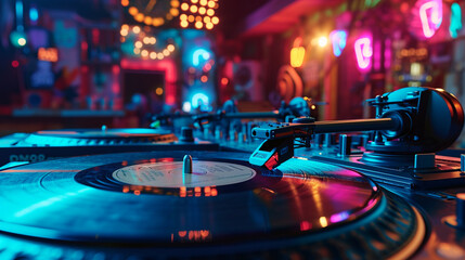 Fototapeta na wymiar A visually rich composition showcasing a DJ spinning vinyl records in a retro-themed club, with vintage turntables and neon lights casting a nostalgic glow, creating a visually app