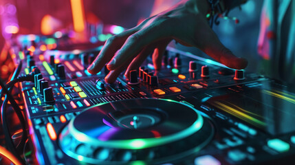 A close-up shot of a DJ's hands in action, manipulating a mixer and turntables, with colorful light trails capturing the dynamic movements, creating a visually detailed and immersi