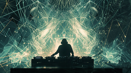 An artistic representation of a DJ surrounded by a geometric light installation, with intricate patterns and synchronized visuals, creating a visually elaborate and futuristic depi - obrazy, fototapety, plakaty