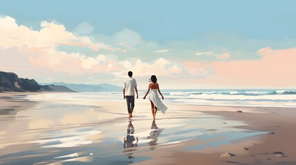 Wide shot image of newly weds walking on beach, Generative Ai illustration - Powered by Adobe