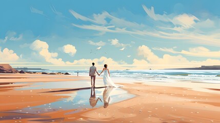 Wide shot image of newly weds walking on beach, Generative Ai illustration
