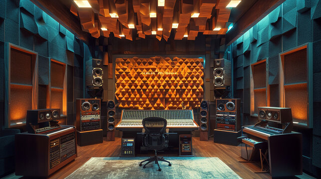 A visually stunning composition showcasing a recording studio with acoustic panels resembling an abstract art installation, strategically placed to enhance sound quality and create