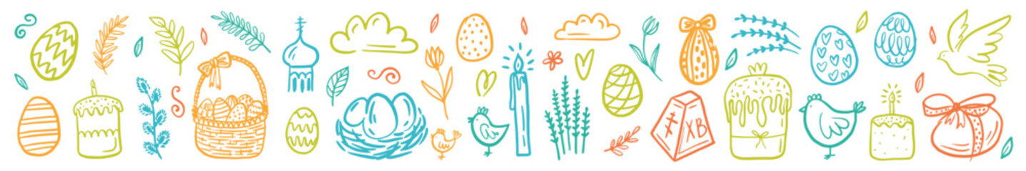 Vector, horizontal pattern of Easter design elements. Eggs, chicken, cakes, willow, candles hand-drawn in the style of a doodle.