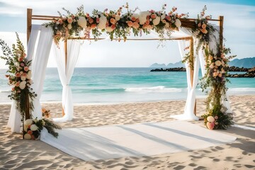 Weeding decoration on a beach with view of sea.