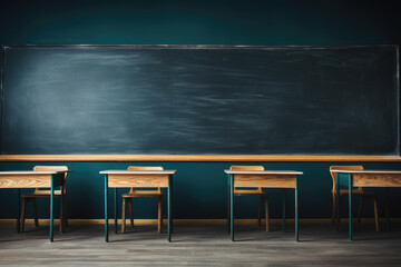 Blue big blackboard and wooden table background, back to school. Generative ai