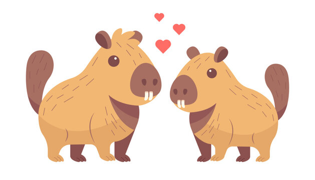 Cute capybaras in love, water pigs with heart. Kawaii pets. Concept of St Valentine day. Cartoon vector illustration